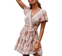 Minetom Damen Kleider Boho Vintage Sommerkleid V-Ausschnitt A-Linie Minikleid Kurzarm Blumen Gedruckt Swing Strandkleid mit Gürtel Beige DE 38