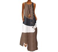 Minetom Damen Kleider Strand Elegant Casual A-Linie Kleid Ärmellos Sommerkleider Böhmen Rüsche Lose Maxi Langes Kleider Große Größe (38, B Braun)