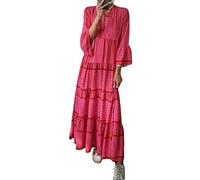 Minetom Damen Kleider Strand Elegant Casual A-Linie Kleid Langarm Sommerkleider Boho V-Ausschnitt Tunika Maxi Kleider Blumen Streifen Blumenkleid Maxikleid B Rot XL