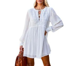 Minetom Damen Kleider Strand Elegant Casual Kleid Sommerkleider V-Ausschnitt Spitze Swing Knielang Strandkleid Party Tunika Mini Kleider G Weiß 38