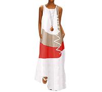 Minetom Damen Kleider Strand Elegant Vintage A-Linie Kleid Ärmellos Sommerkleider Böhmen Farbblock Lose Maxi Langes Kleid mit Taschen B Weiß 38