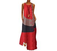 Minetom Damen Kleider Strand Elegant Vintage A-Linie Kleid Ärmellos Sommerkleider Böhmen Farbblock Lose Maxi Langes Kleid mit Taschen B Rot 38