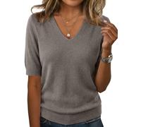 Minetom Damen Kurzarm Pullover V Ausschnitt T-Shirt Sommer Leicht Strickpullover Elegante Stretch Bluse Einfarbige Oberteile Basic Tops A Kaffee L