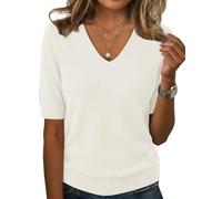 Minetom Damen Kurzarm Pullover V Ausschnitt T-Shirt Sommer Leicht Strickpullover Elegante Stretch Bluse Einfarbige Oberteile Basic Tops A Weiß S