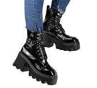 Minetom Damen Lackleder Stiefeletten Biker Boots Stiefel Blockabsatz Plateau Herbst Winter Frauen Schuhe Schnallen Reißverschluss Winterstiefel A Schwarz 3 43 EU