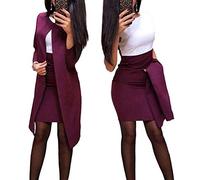 Minetom Damen Langarm Bodycon Mini Kleid und Jacke Langer Mantel 2 Stücke Herbst Winter Elegant Sexy Büro Party Cocktail Business Abendkleid Bleistftkleid B Rot 34