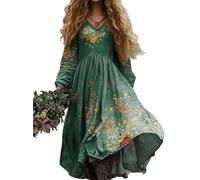 Minetom Damen Langes Boho Kleid Vintage Kleider mit Blumenmuster Langarm Maxikleid Frühling Sommer Blumenkleid Freizeitkleid A Grün 3 XL