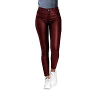 Minetom Damen Lederhose Sexy PU Leder Look Skinny Leggings Hochwertige High Waist Stretch Optik Schwarz Schlank Hose Kunstlederhose Treggins Push Up Effekt Pants Jeanshose A Weinrot L