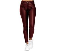Minetom Damen Lederhose Sexy Skinny Legging Stretch PU Leder Look Optik Schwarz Schlank Hose Kunstlederhose Treggins Push Up Biker Pants Z Weinrot S