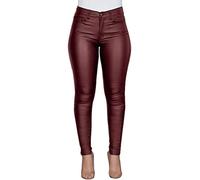 Minetom Damen Lederhose Sexy Skinny Legging Stretch PU Leder Optik Schlank Hose Yoga Hohe Taille Kunstleder Treggins Rot Small