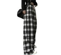 Minetom Damen Mädchen Karierte Hose Jogging Hose Lange Retro Lose Sporthose Plaid Baggy Pants Hohe Taille Weites Bein Hose Streetwear A Schwarz XXL