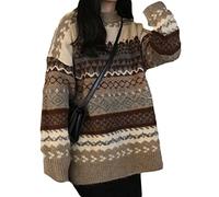 Minetom Damen Mädchen Strickpullover Farbblock Pullover Oversize Sweatshirt Vintage Strickpulli Langarmshirt Streifen Oberteil Tunika Tops G Khaki XS