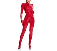 Minetom Damen Overall Wetlook Reißverschluss Sexy PU Leder Slim Fit Langarm Jumpsuit Catsuit Bodysuit Party Clubwear A Rot XXL