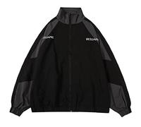 Minetom Damen Patchwork Farbblock Oversize Hip Hop Jacke Teenager Mädchen Mantel Sport Übergangsjacke Windbreaker College Jacke Sweatjacke A Schwarz S