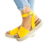 Minetom Damen Plateau Sandalen Sommer Strandsandalen Keilsandalen Frauen Sandaletten Keilabsatz Sommerschuhe Mit Knöchelriemen A Gelb 39 EU