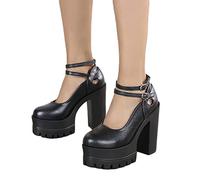 Minetom Damen Plattform Mary Jane High Heels Retro Gothic Pumps Sandalen Damenschuhe Runde Zehen Chunky Lackleder Schuhe H Schwarz 40 EU