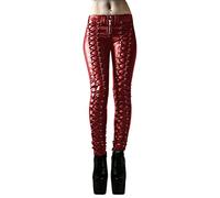 Minetom Damen PU Gotisch Kunstleder Leggings High Waist Skinny Hose Strumpfhosen Treggings Kreuzgurt Leggings PU Leder Look C Rot M