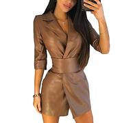 Minetom Damen PU Lederkleider Partykleid Clubwear Leder Wetlook Reißverschluss Bodycon Kurz Minikleid Cocktailkleid A Braun M