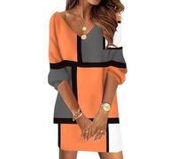 Minetom Damen Pulloverkleid V-Ausschnitt Spitze Strickkleid Langarm Pullover Tunika Kleid Für Herbst Winter Weihnachts Pulli B3 Orange M