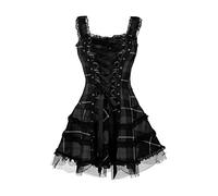 Minetom Damen Punk Gothic Kleid Kariertes Schnüren Minikleid Strap Kleid Street Halloween Cosplay Kleid Steampunk Rockabilly Kleid A Schwarz S