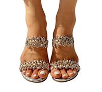 Minetom Damen Sandalen mit Absatz Sommer Sandaletten Strass Elegante Wedge Glitzer Sandals Flip Flops Hausschuhe Zehentrenner C Silber 38 EU