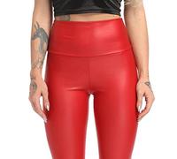 Minetom Damen Sexy Hohe Taille Skinny Elastisch Kunstleder Leggings PU Leder Hose Leopard Druck Slim Fit Sporthose Lederhosen D Rot XS