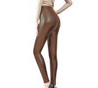 Minetom Damen Sexy Hohe Taille Skinny Kunstleder Leggings PU Leder Hose Lederhosen Gefütterte Winter Fleece Samt Leggins Strumpfhosen Treggings B Braun Dünn M