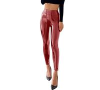 Minetom Damen Sexy Hohe Taille Skinny Kunstleder Leggings PU Leder Hose Lederhosen Leggins Strumpfhosen Slim Fitness Stretch Hose C Rot S