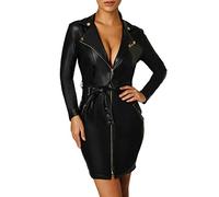 Minetom Damen Sexy Kleid Partykleid Clubwear PU Leder Wetlook Etuikleid Bleistiftkleid Reißverschluss V-Ausschnitt Langarm Bodycon Cocktail Kleider A Schwarz M