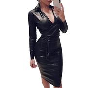Minetom Damen Sexy Kleid Partykleid Clubwear PU Leder Wetlook Etuikleid Bleistiftkleid V-Ausschnitt Langarm Bodycon Cocktail Kleider mit Gürtel B Schwarz XL