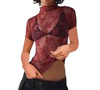 Minetom Damen Sexy Mesh Spitze Oberteile Kurzarm Durchsichtige T-Shirt Sommer Transparent Tüll Hemd Shirts Casual Bluse Tops C Weinrot XS