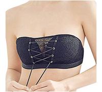 Minetom Damen Sexy Spitzen-BH Bandeau Unsichtbares Spitze Kordeln Bralette Lift Bustier Zusammenziehbarer Kordelzug Trägerloser BH Ohne Stahlring Bra Z1 Schwarz 80A
