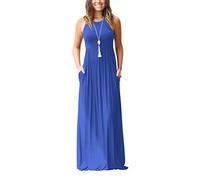 Minetom Damen Sommer Elegant Ärmellos Rundhals Lange T-Shirt Maxi Kleid Mit Taschen Herbst Lässig A-Linie Abendkleider Cocktailkleid Ballkleid 02 Blau DE 46