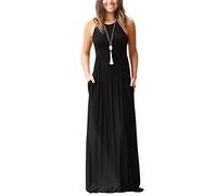 Minetom Damen Sommer Elegant Ärmellos Rundhals Lange T-Shirt Maxi Kleid Mit Taschen Herbst Lässig A-Linie Abendkleider Cocktailkleid Ballkleid 02 Schwarz DE 48