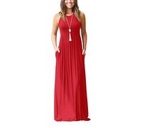 Minetom Damen Sommer Elegant Ärmellos Rundhals Lange T-Shirt Maxi Kleid Mit Taschen Herbst Lässig A-Linie Abendkleider Cocktailkleid Ballkleid 02 Rot DE 34