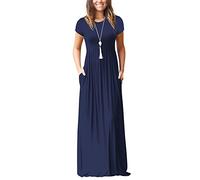 Minetom Damen Sommer Elegant Kurzarm Rundhals Lange T-Shirt Maxi Kleid Mit Taschen Herbst Lässig A-Linie Abendkleider Cocktailkleid Ballkleid 01 Dunkelblau DE 46