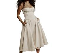 Minetom Damen Sommer Langes Ärmellose Boot Hals Korsett Bustier Midi Kleid für Hochzeit Cocktail Braut Spaghetti Prinzessin Brautjungfer A1 Beige XS