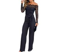 Minetom Damen Spitze Jumpsuit Elegant Schulterfrei Hohe Taille Cocktail Party Festlich Overalls Playsuit Hosenanzug Romper Mit Gürtel E Schwarz S