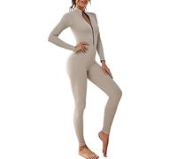 Minetom Damen Sport Jumpsuit Overall Langarm V-Ausschnitt Playsuits mit Reißverschluss Sexy Eng Yoga Bodysuit Stretch Trainingsanzug Fitness Jogging Sportanzug Onesie Slim Fit A Silber M