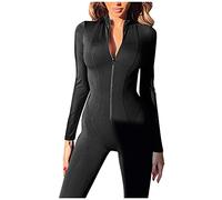 Minetom Damen Sport Jumpsuit Overall Langarm V-Ausschnitt Playsuits mit Reißverschluss Sexy Eng YogB Bodysuit Stretch Trainingsanzug Fitness Jogging Sportanzug Onesie Slim Fit B Schwarz L a