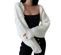 Minetom Damen Strickbolero Langarm Strickjacke Festlich Bolero Strick Cardigan Kurzer Open Front Shrug Top Schulterjacke Kurz A Weiß XS