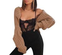 Minetom Damen Strickbolero Langarm Strickjacke Festlich Bolero Strick Cardigan Kurzer Open Front Shrug Top Schulterjacke Kurz A Braun M