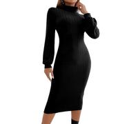 Minetom Damen Strickkleid Rollkragen Herbst Winter Sexy Langarm Midi Kleid Pulli Langes Kleid Slim Pulloverkleid Bodycon Warm Wickelkleid C Schwarz XL