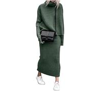 Minetom Damen Strickkleid Zweiteiliger Anzug Pullover Oberteil und Midi Strickrock Bodycon 2 Stück Set Winter Strick Kleid Rollkragen Pulloverkleid B Grün XL