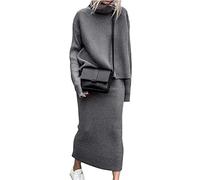 Minetom Damen Strickkleid Zweiteiliger Anzug Pullover Oberteil und Midi Strickrock Bodycon 2 Stück Set Winter Strick Kleid Rollkragen Pulloverkleid B Grau XL