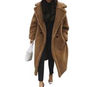 Minetom Damen Teddy Fleece Mantel Oversized Jacke Lang Flauschige Warme Winter Mit Taschen Winterjacke Revers Parka Plüschjacke Plüschmantel Cardigan Outwear A Braun XL