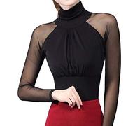 Minetom Damen Transparent Langarmshirt Hoher Kragen Tüll Mesh Bluse Hängender Hals Tunika Sexy Slim Fit Oberteile Hemd Clubwear Body T-Shirt Schwarz 38
