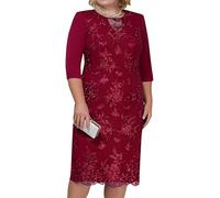 Minetom Damen Übergröße Spitze Kleid 3/4 Ärmel Loose Abend Cocktailkleid Knielang Retro Party Abendkleider Rockabilly Kleid Spitzenkleid C Rot XXL