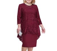 Minetom Damen Übergröße Spitze Kleid 3/4 Ärmel Loose Abend Cocktailkleid Knielang Retro Party Abendkleider Rockabilly Kleid Spitzenkleid G Rot 3XL