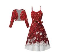 Minetom Damen Weihnachtskleid Elegante Festlich Kleider Zweiteiler Weihnachten Druck Kleid Partykleid Cocktailkleid mit Bolero Cardigan Set A Rot XL